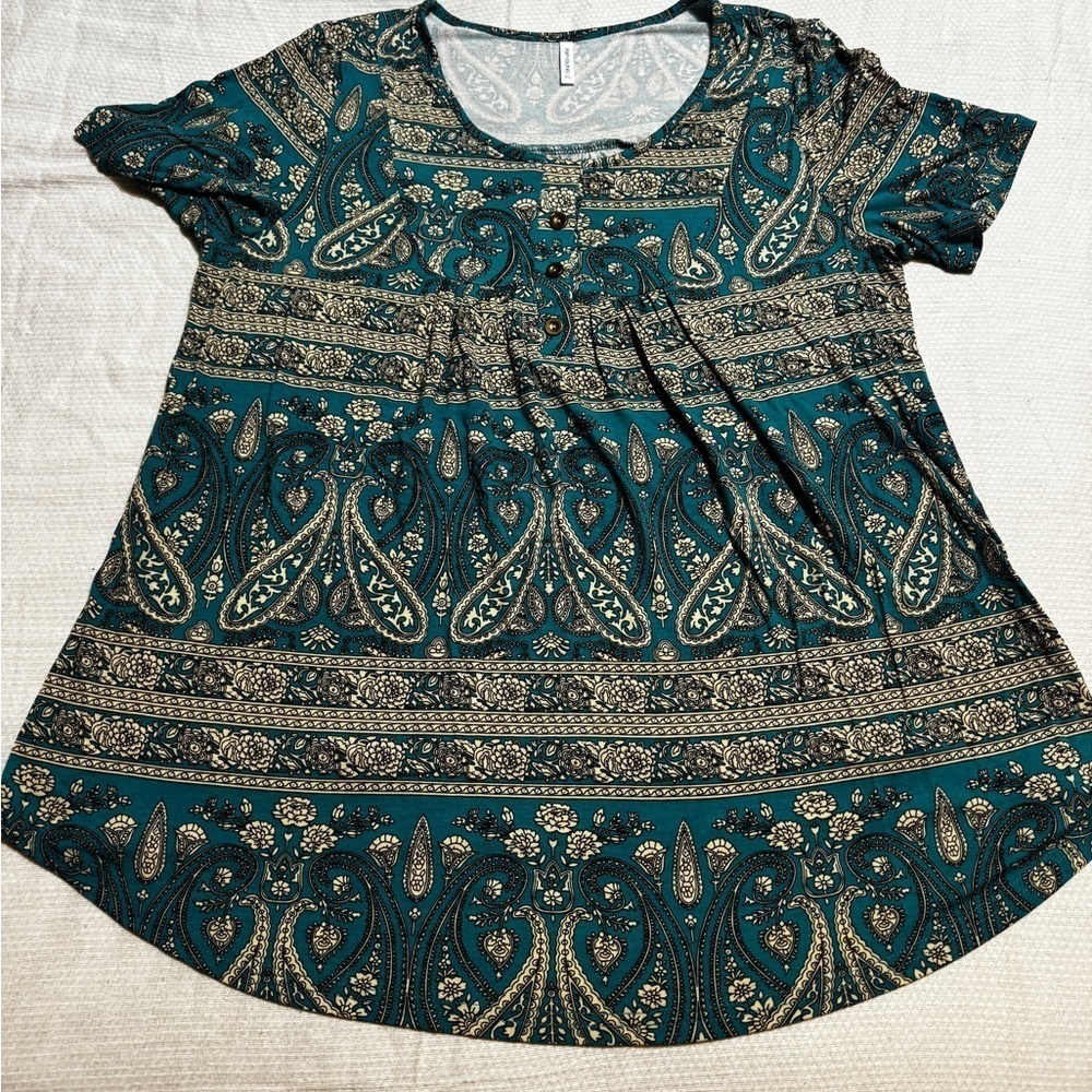 POPYOUNG Green Paisley Floral Short Sleeve Casual Spring Shirt Dressy Blouse XL